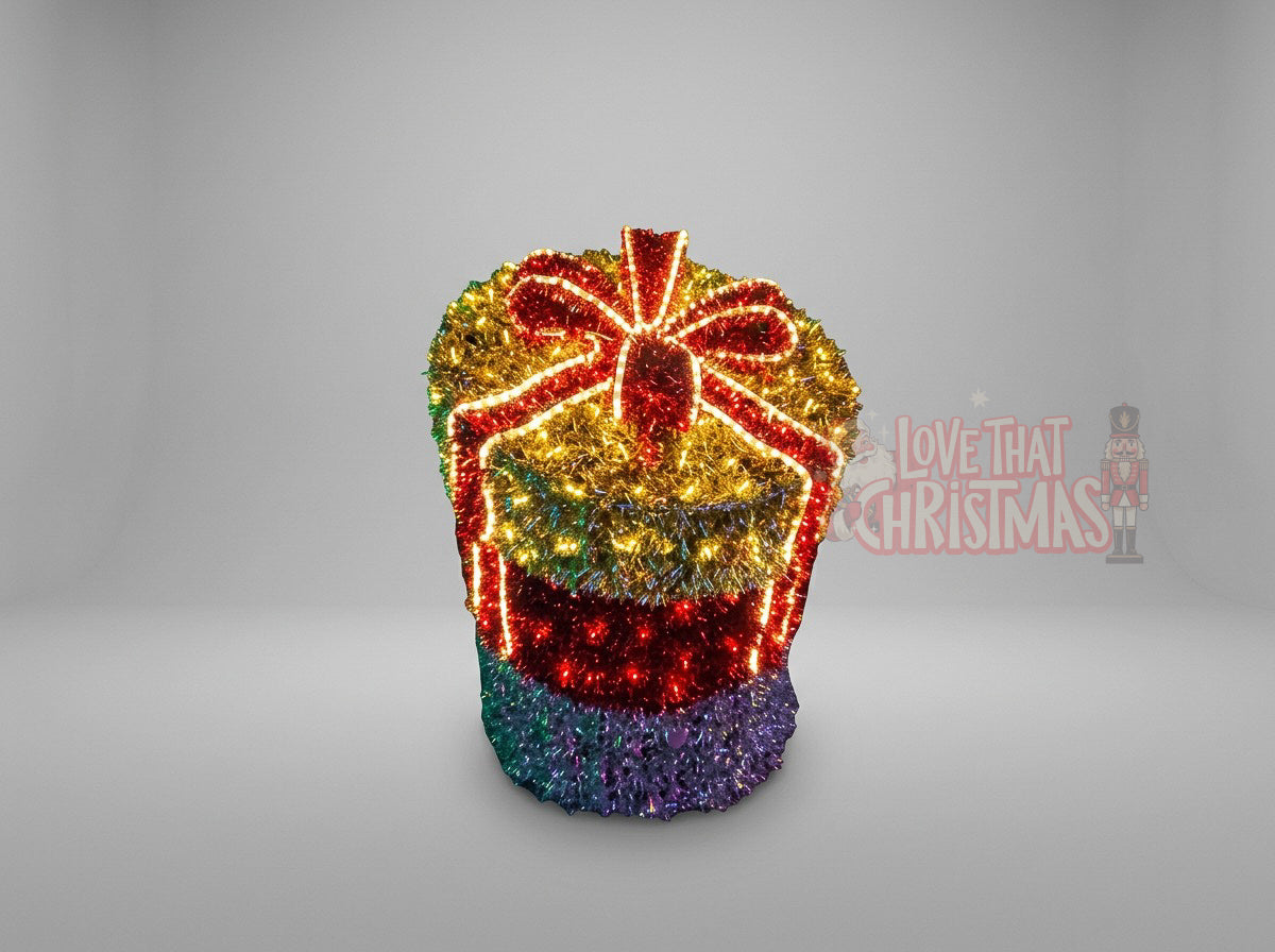 Lighted 3D Tinsel Christmas Gift Box Decoration
