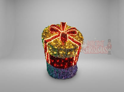 Lighted 3D Tinsel Christmas Gift Box Decoration