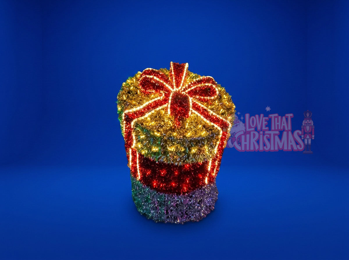 Lighted 3D Tinsel Christmas Gift Box Decoration