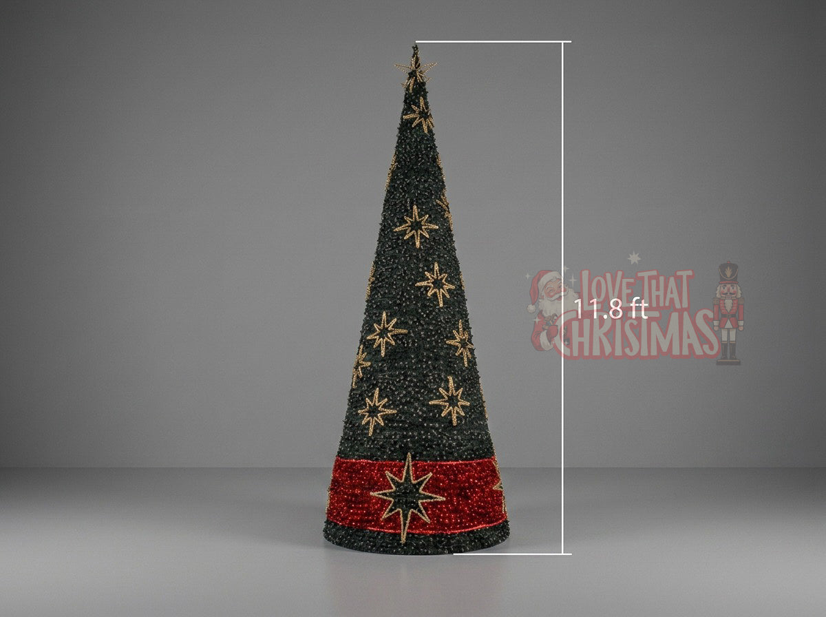12-Foot Illuminated Christmas Tree with Red & Gold Star Accents