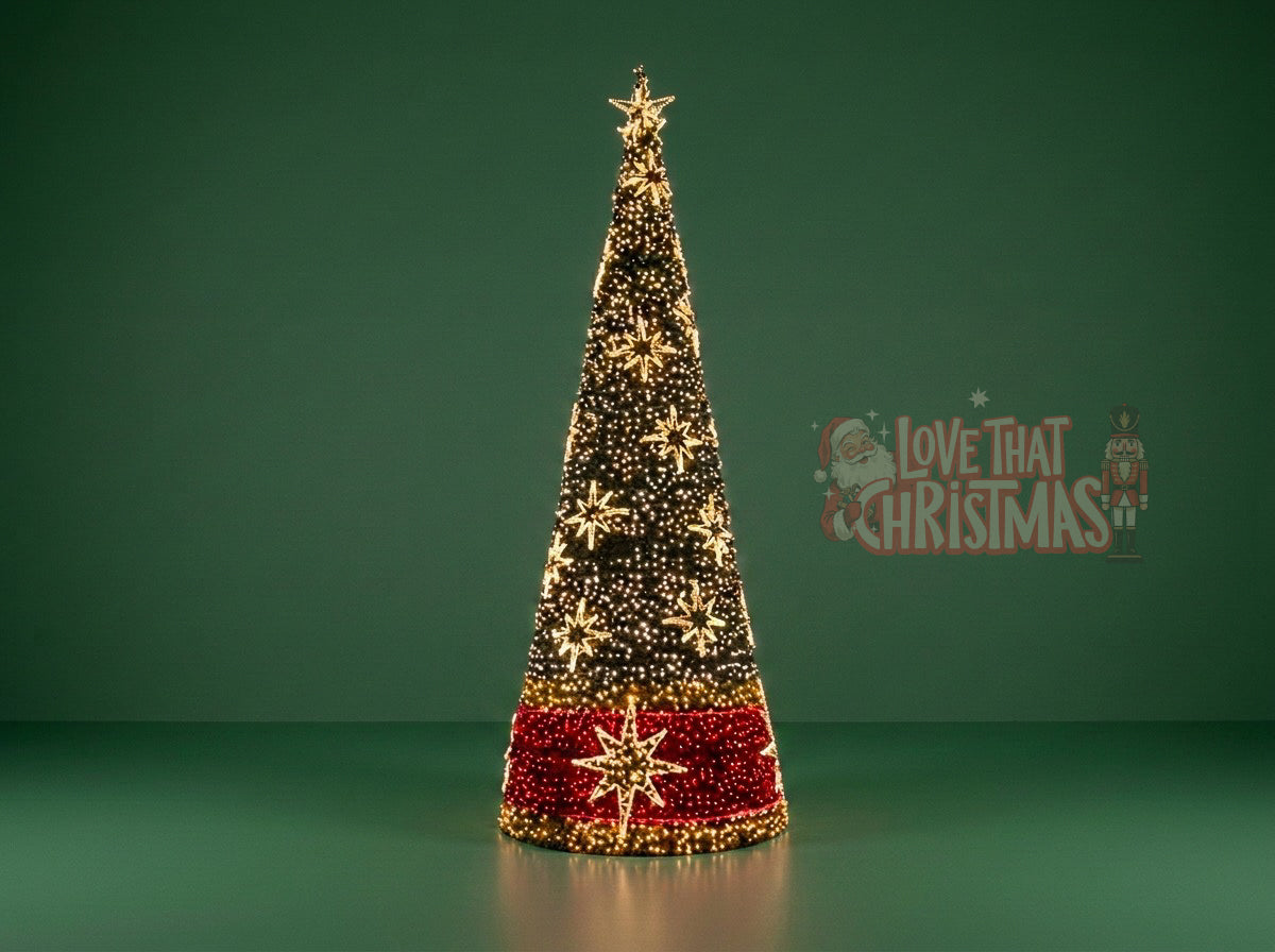 12-Foot Illuminated Christmas Tree with Red & Gold Star Accents