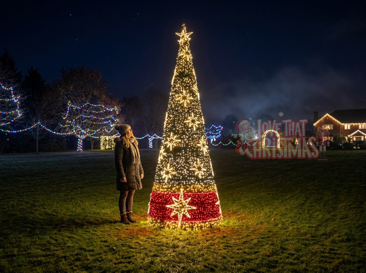 12-Foot Illuminated Christmas Tree with Red & Gold Star Accents