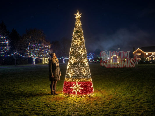 12-Foot Illuminated Christmas Tree with Red & Gold Star Accents