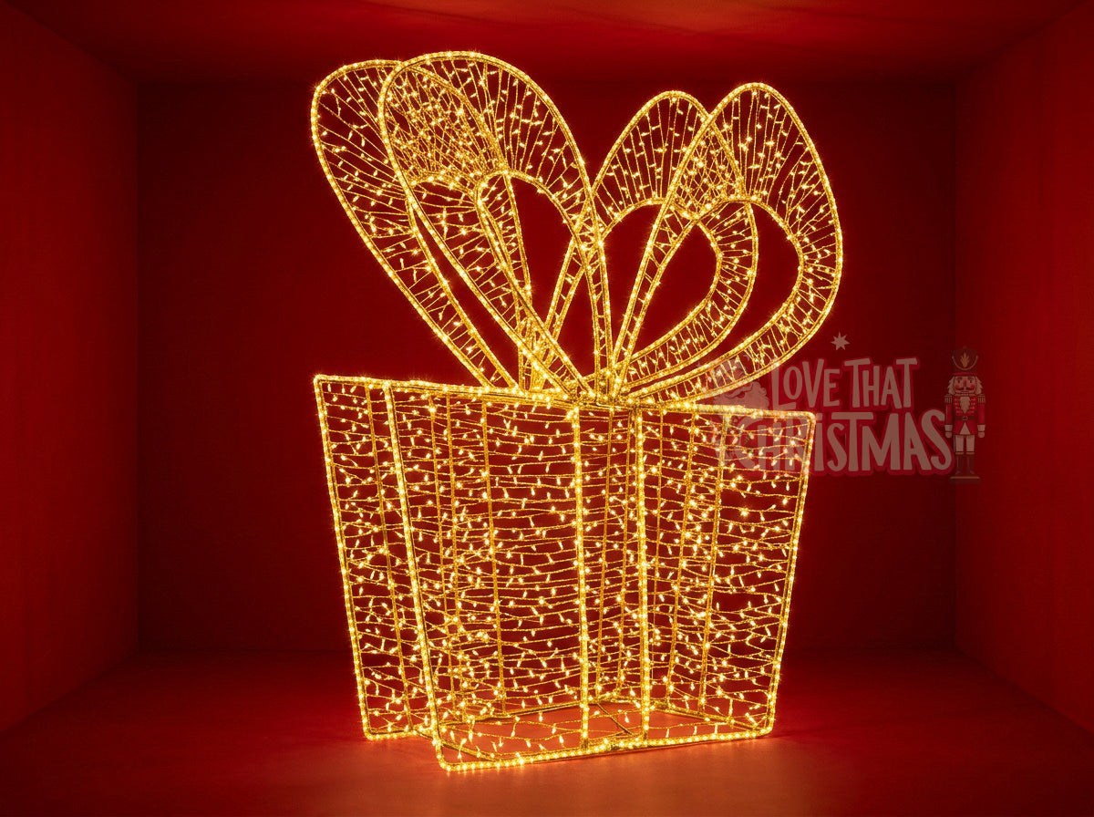 Oversized Illuminated Christmas Gift Box – Golden Elegance