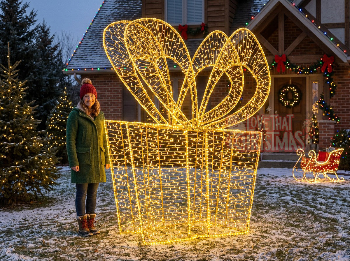 Oversized Illuminated Christmas Gift Box – Golden Elegance