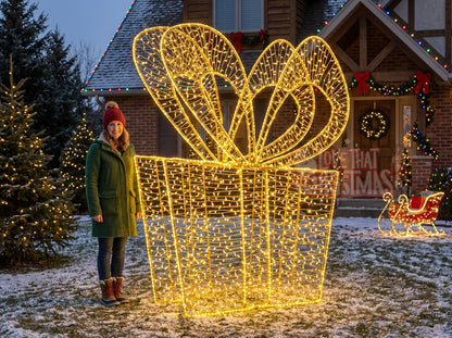 Oversized Illuminated Christmas Gift Box – Golden Elegance