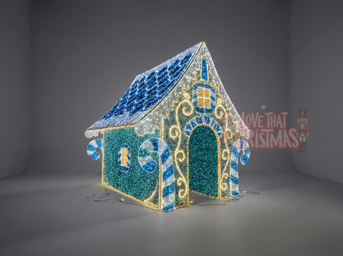 Grand Illuminated Christmas Candy House - Blue